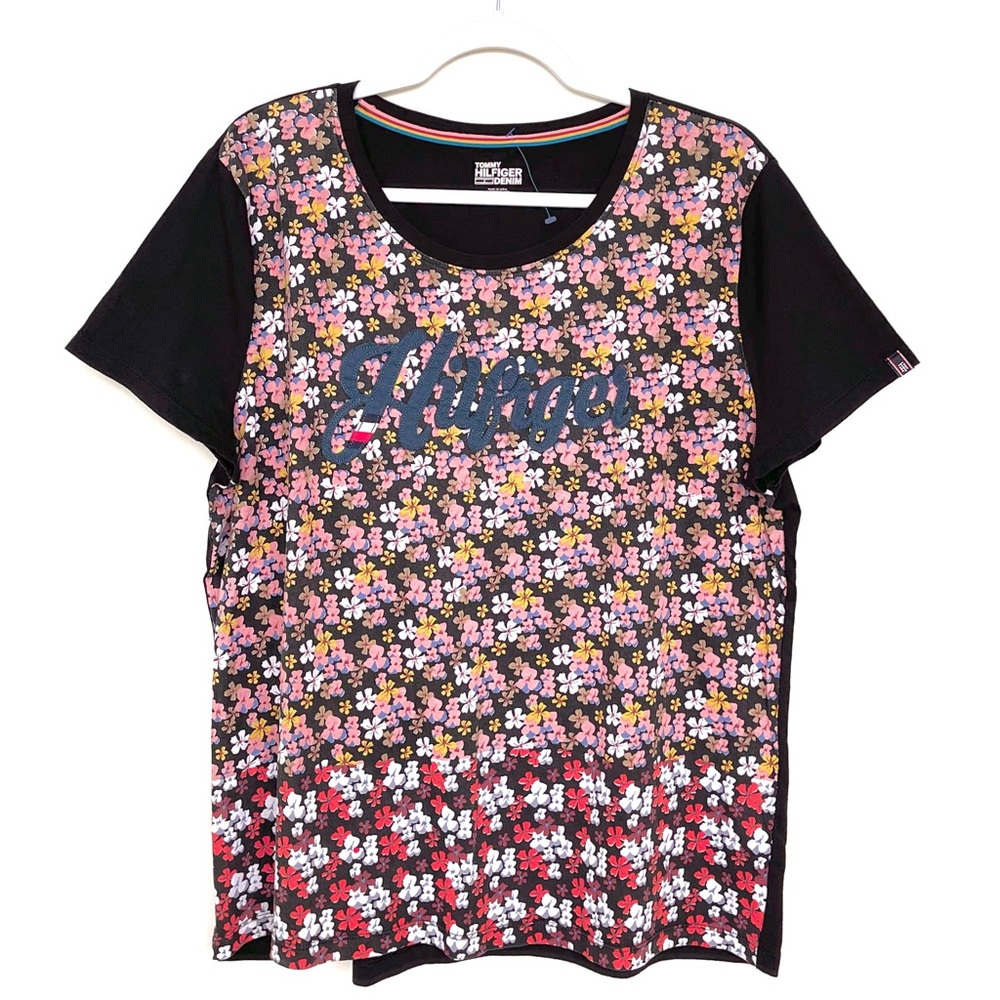 Tommy Hilfiger Denim Embroidered Logo Graphic T-Shirt Ditsy Floral Short Sleeves